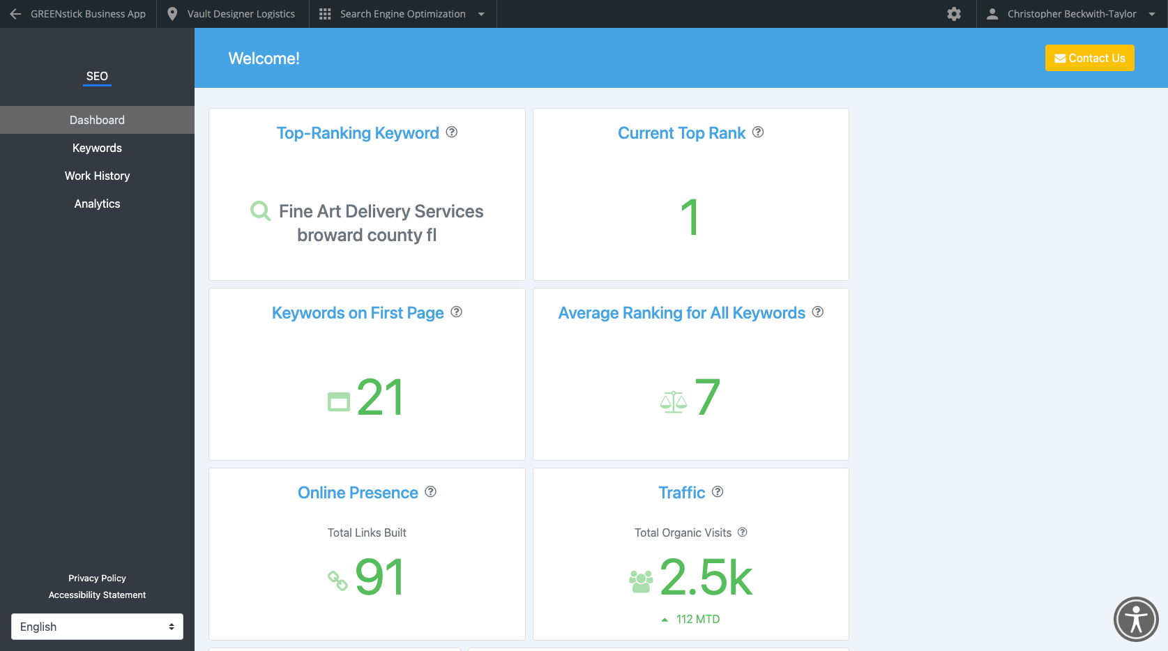GREENstick SEO Marketing Services Dashboard Client View GREENstick Marketing Search Engine Optimization Services
