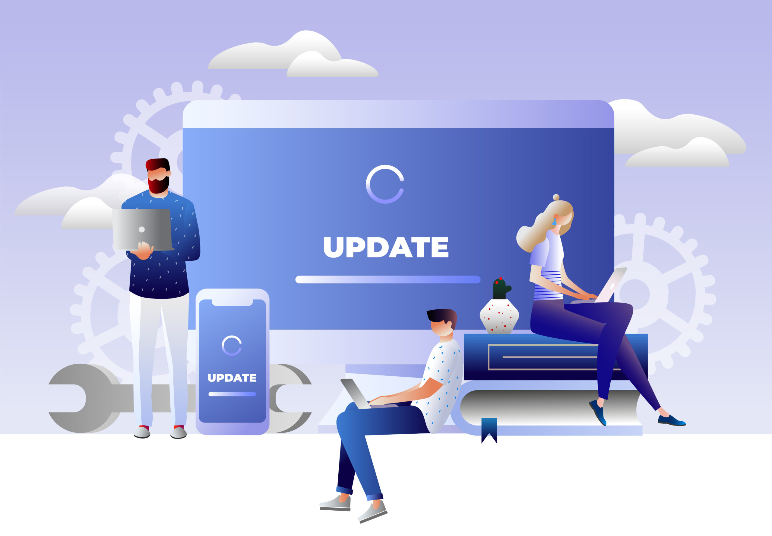 Outsource Your Work To Green Stick Marketing System update vector illustration concept, people update operation system can use for, landing page, template, ui, web, mobile app, poster, banner, flyer. Characters design